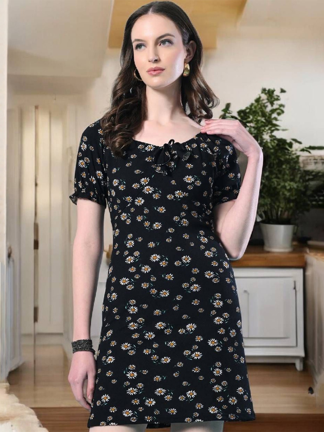 

ZEUGEN Women Floral Printed Sheath Mini Dress, Black