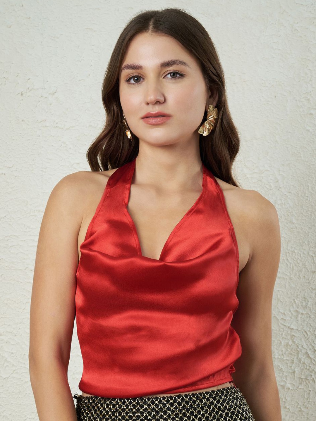 

Slenor Halter Neck Wrap Crop Top, Red