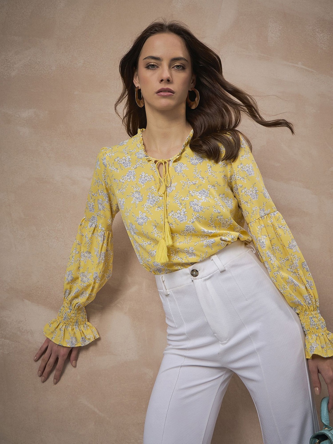 

all about you Women Floral Printed Tie-Up Neck Top, Yellow