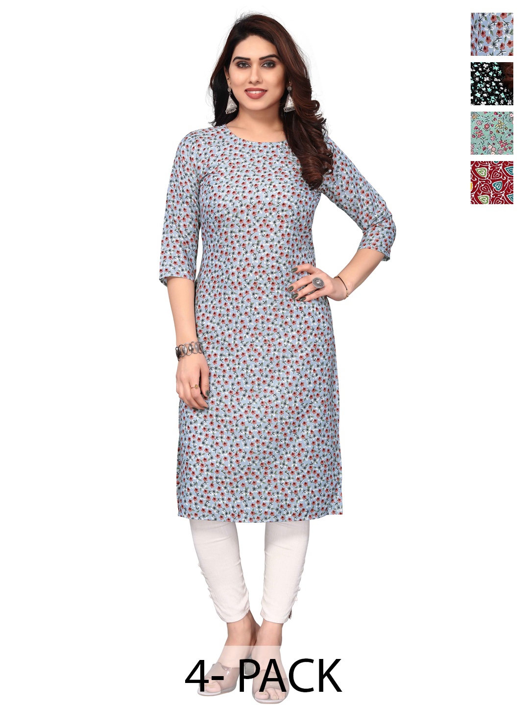 

KETAKI FASHION Selection Of 4 Floral Printed Straight Kurtas, Grey