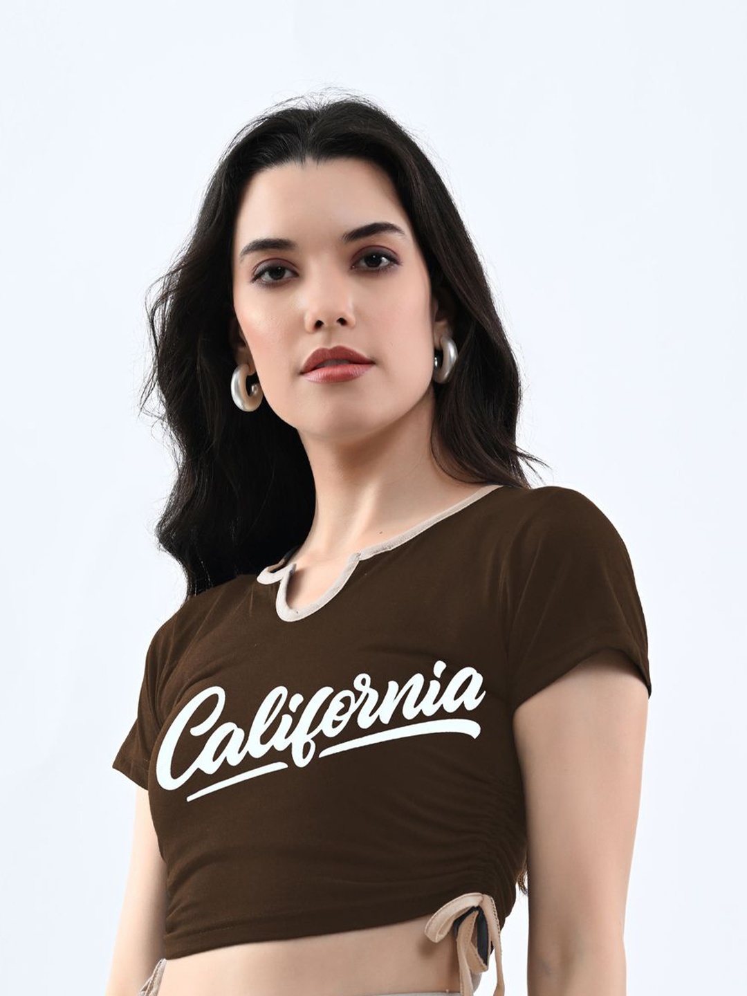 

Moda Rapido Women Typography Printed Round Neck Cotton Top, Brown
