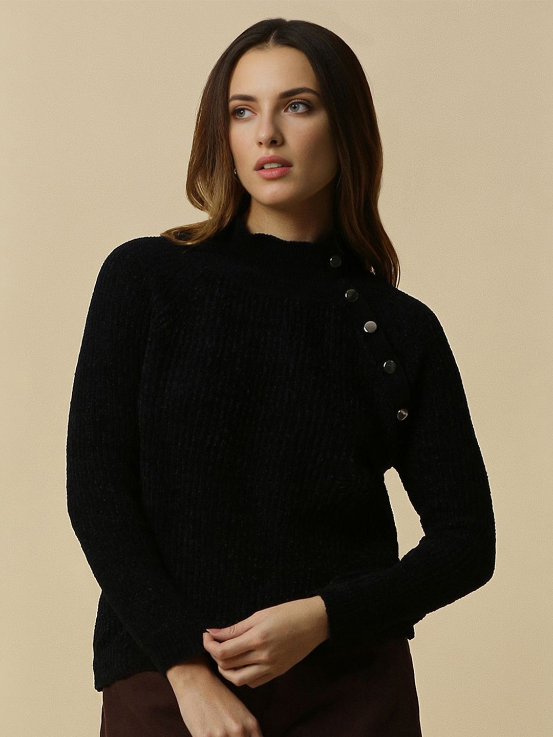 

Allen Solly Woman Solid High Neck Pullover, Black