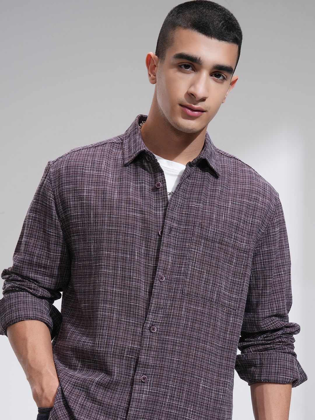 

HIGHLANDER Men Dobby Textured Check Relaxed Shirt, Purple