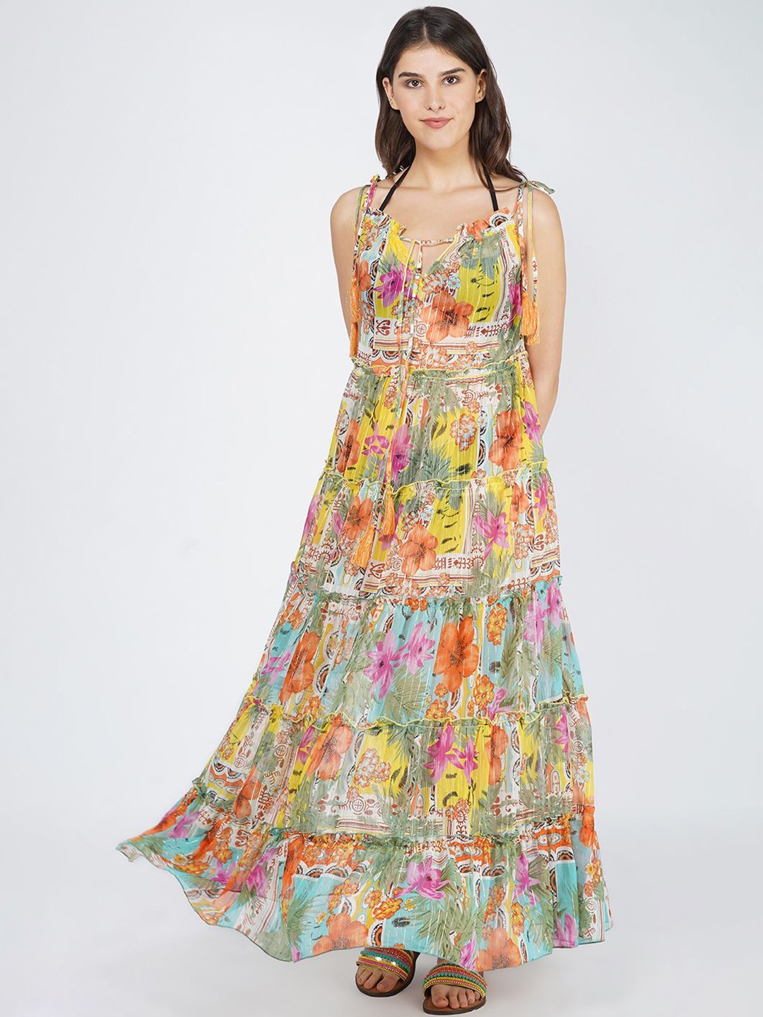 

SZN Floral Printed Shoulder Straps Tiered Maxi Dress, Yellow