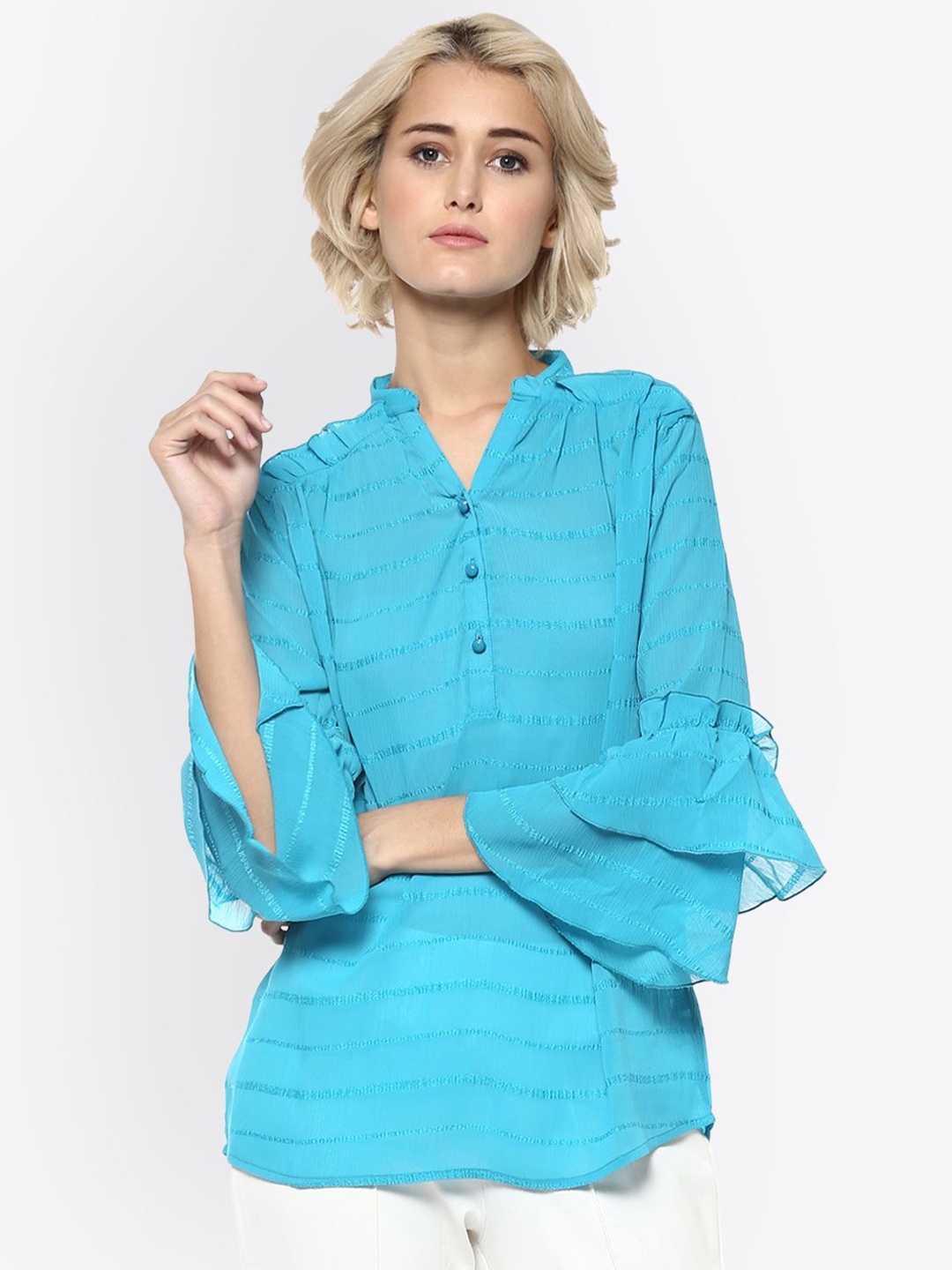 

Moda Elementi Mandarin Collar Georgette Top, Blue