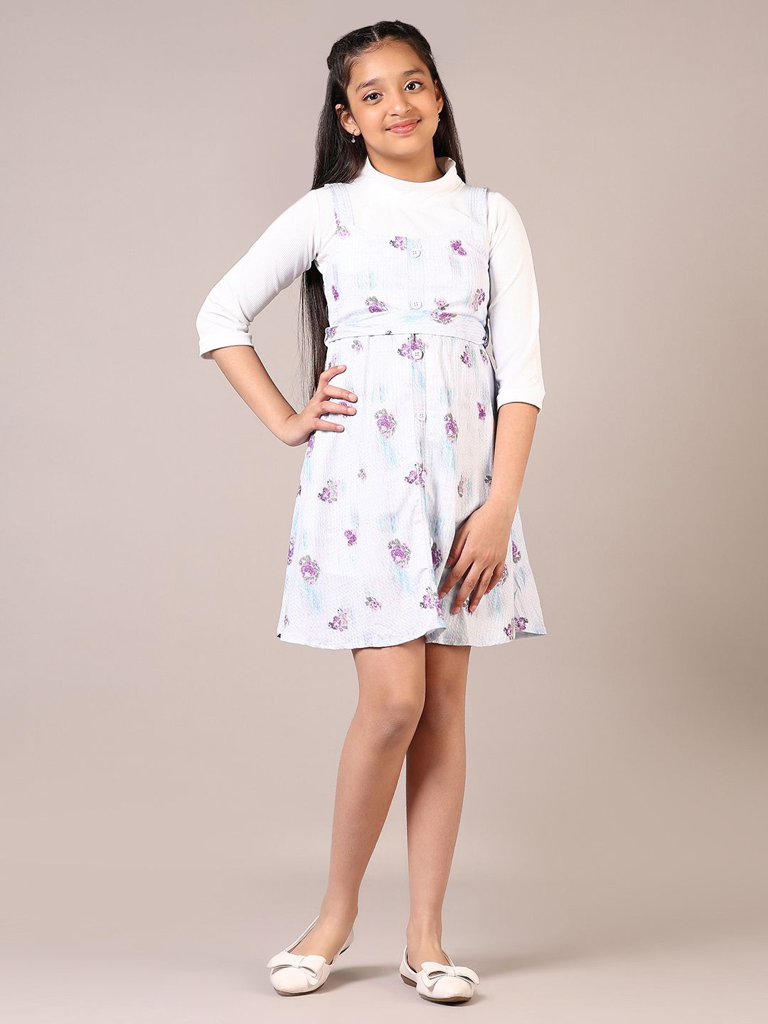 

V-Mart Girl Tie and Dye Square Neck Three-Quarter Sleeves Fit & Flare Dress, Blue