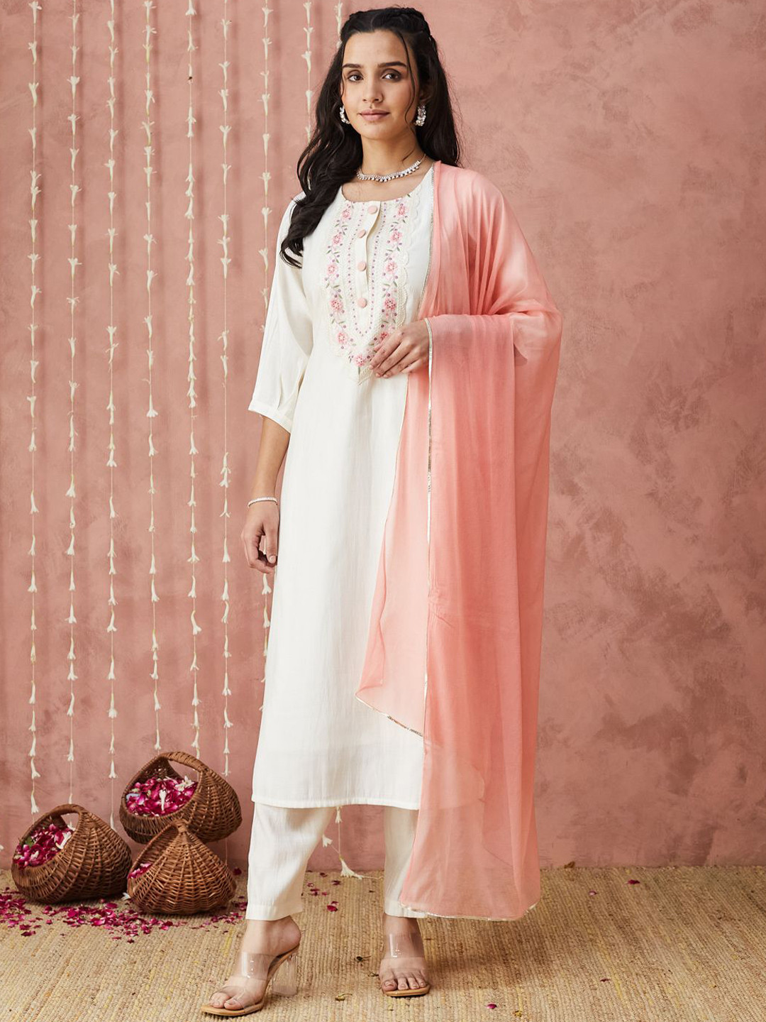 

SANSKAR Floral Embroidered Round Neck Straight Kurta With Trouser & Dupatta, White