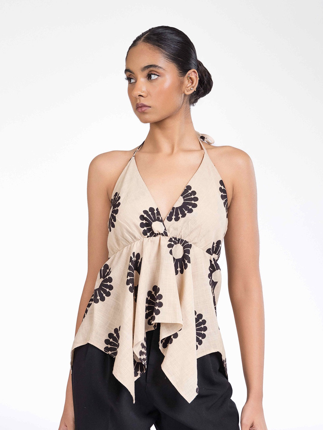 

Past Modern Women Floral Printed Halter Neck Cotton Styled Back Top, Off white