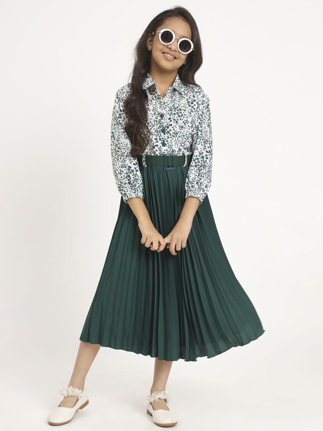 

ZWERLON Girls Floral Print A-Line Midi Dress Comes with a belt, Green