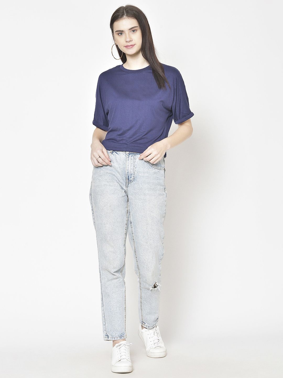 

Moda Rapido Women Round Neck Extended Sleeves Pure Cotton Top, Navy blue