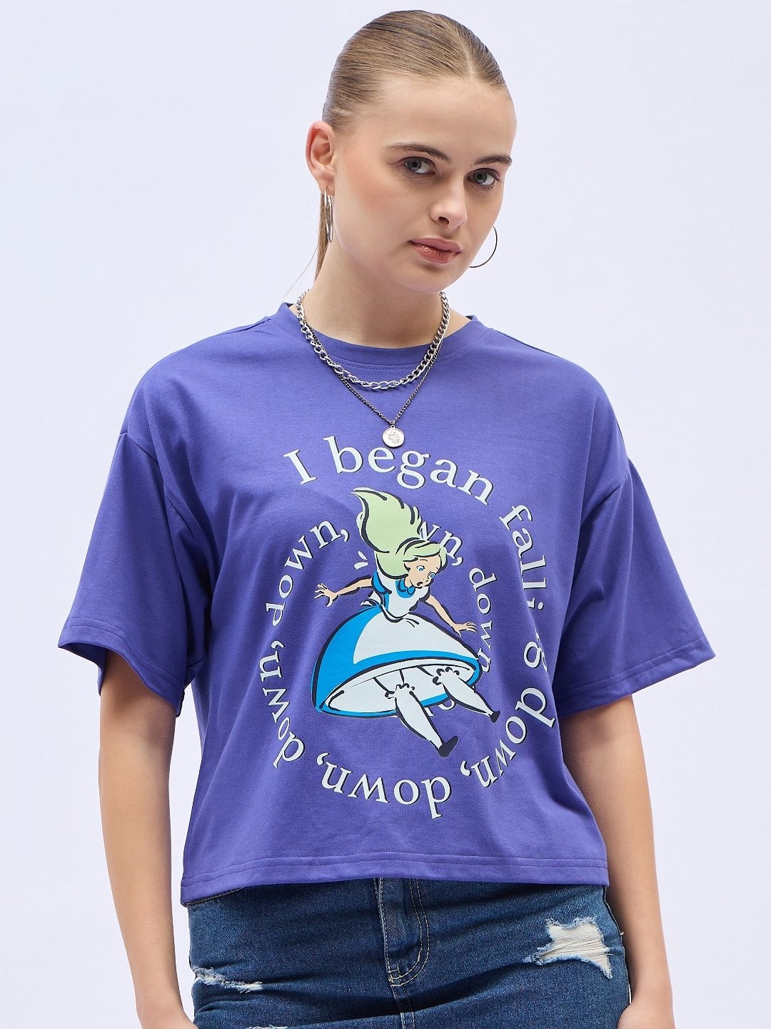 

DressBerry Women Graphic Printed Round Neck Cotton Oversized T-shirt, Purple