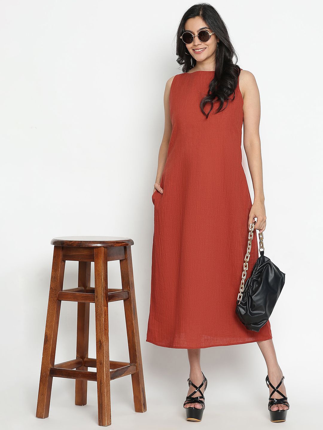 

Brainbees Women Solid Round Neck Applique A-Line Midi Dress, Brown