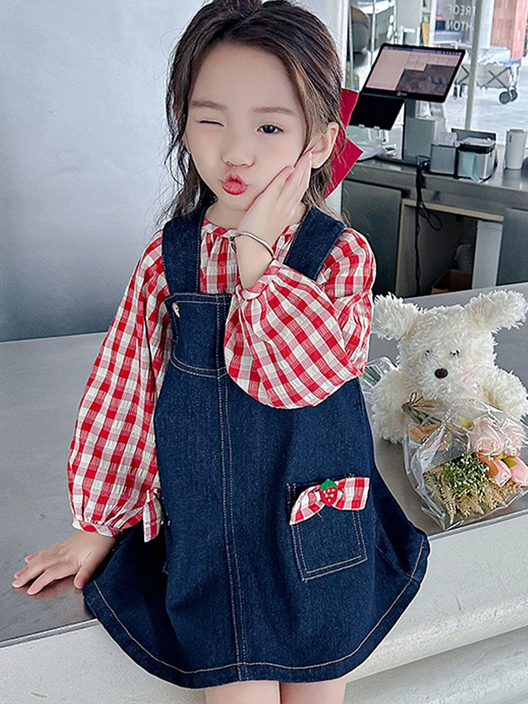 

LULU & SKY Girls Shoulder Straps Cotton Dungarees With Top, Red