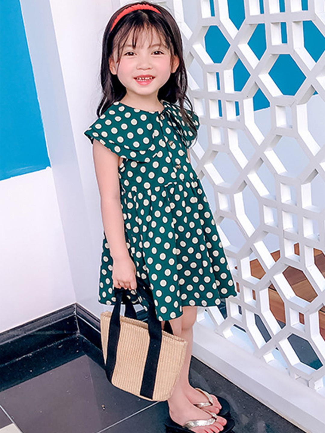 

LULU & SKY Girls Polka Dots Printed Cotton Fit & Flare Dress, Green