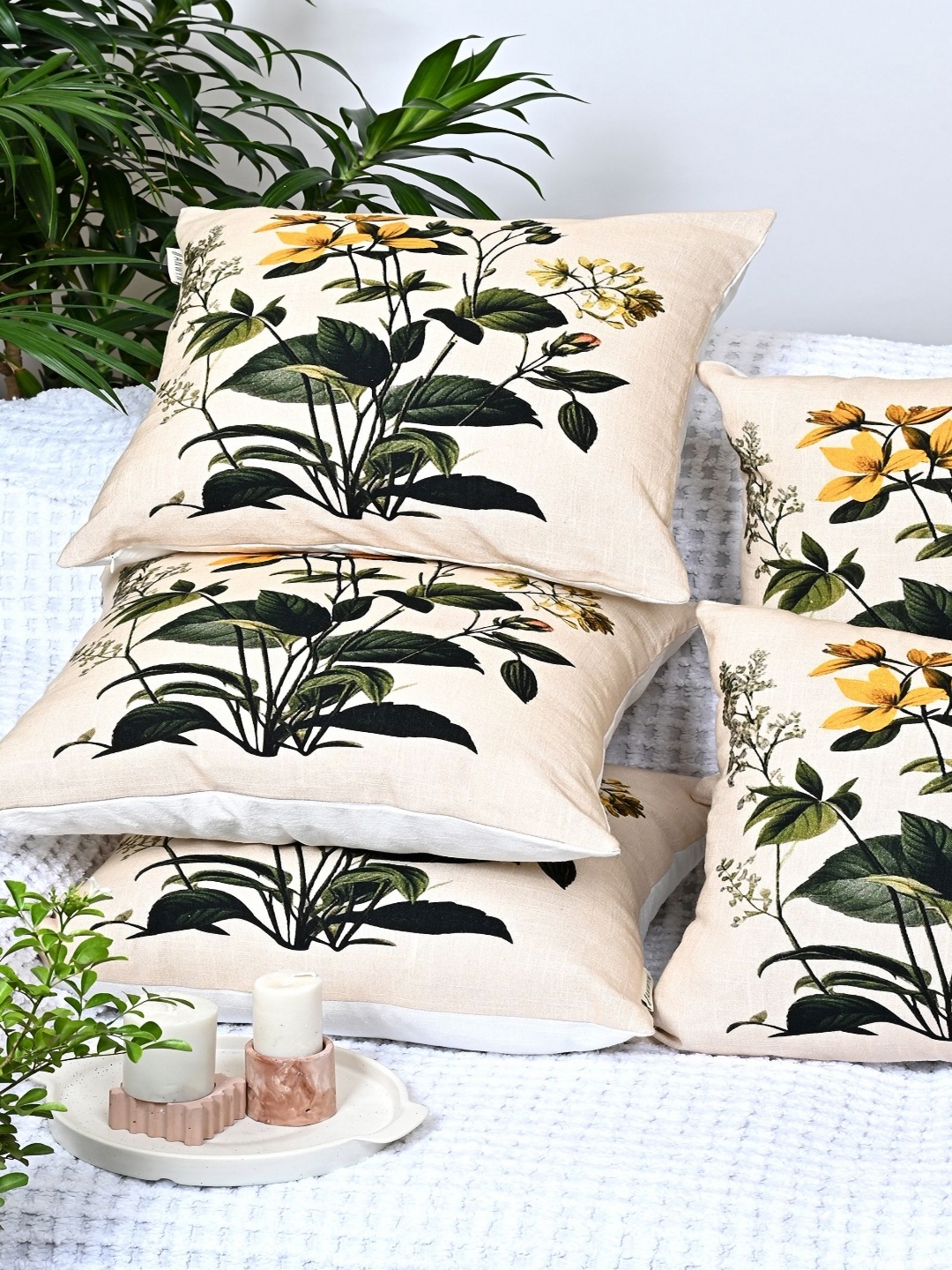 

ANWYN Green & Beige 5 Pieces Floral Printed Cotton Square Cushion Covers