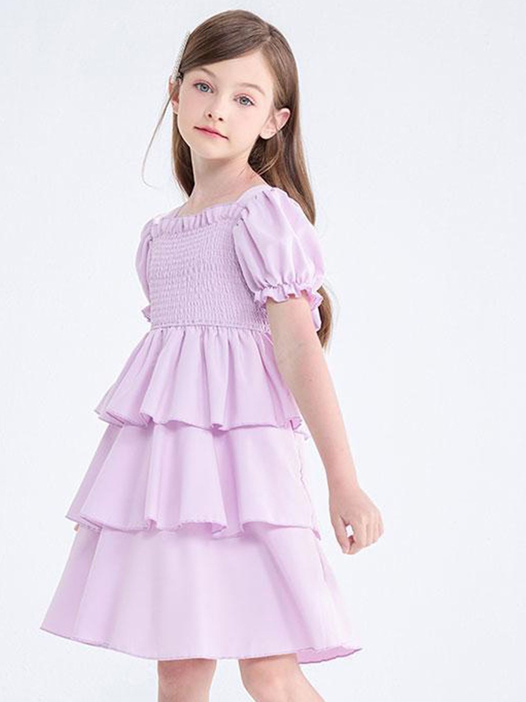 

LULU & SKY Girls Puff Sleeve Layered Fit & Flare Dress, Purple