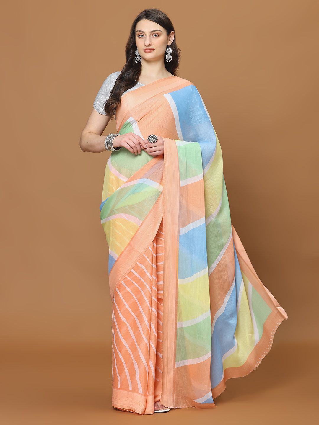 

Meena Bazaar Colourblocked Saree, Peach