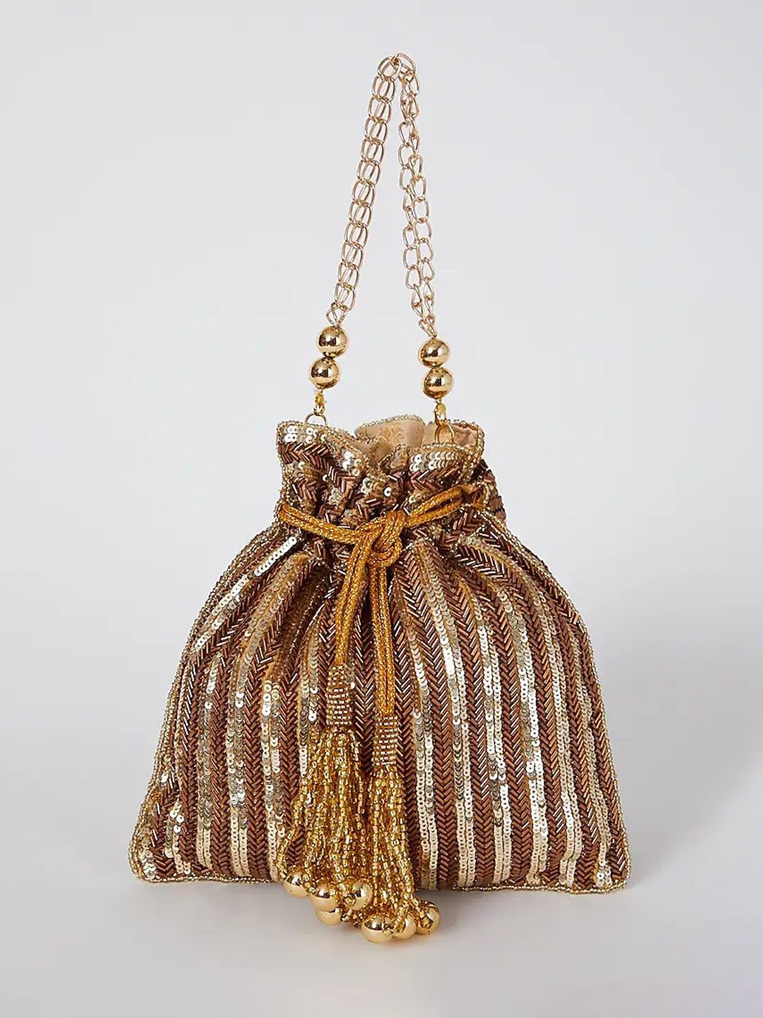 

A Clutch Story Embellished Bucket Handheld Bag, Gold