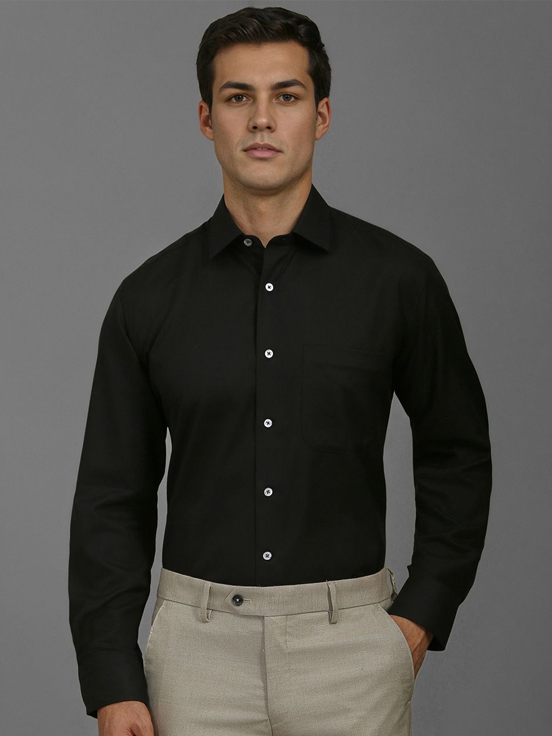 

Luxure by Louis Philippe Men Classic Slim Fit Spread Collar Solid Cotton Formal Shirt, Black