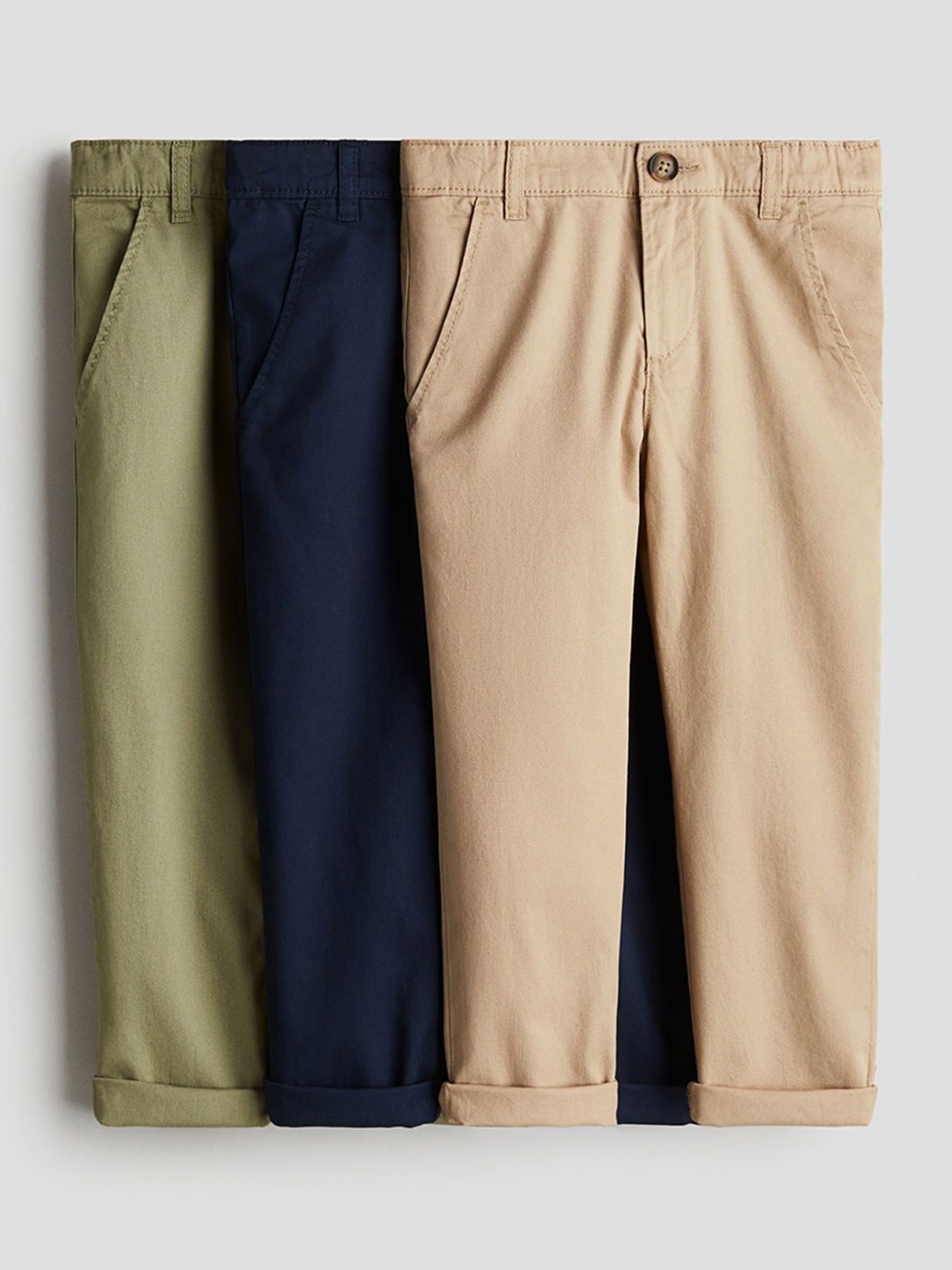 

H&M 3-Pack Cotton Twill Chinos 1270396001-Blue,Beige,Green