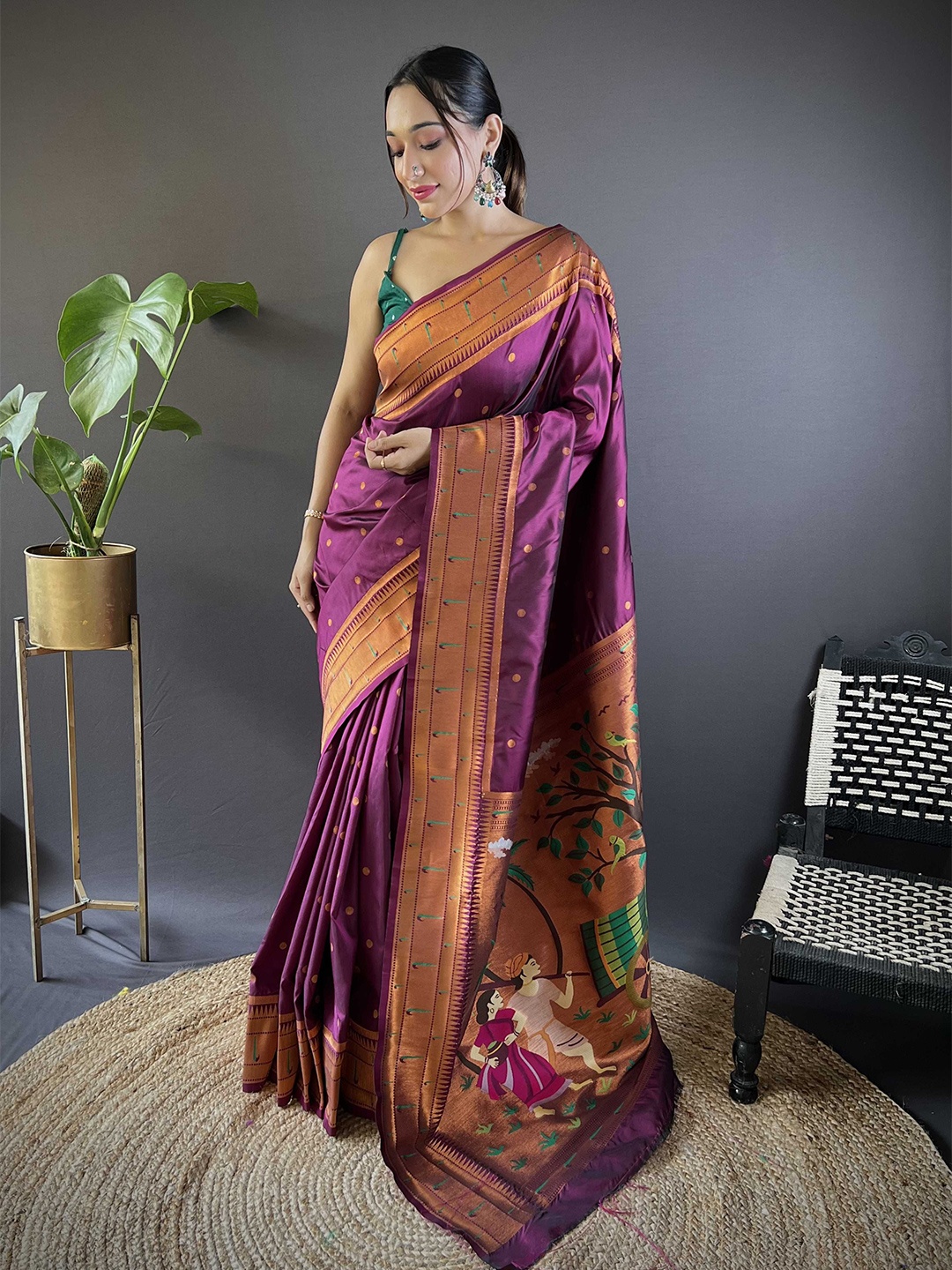 

DIVASTRI Woven Design Zari Silk Blend Designer Paithani Saree, Purple