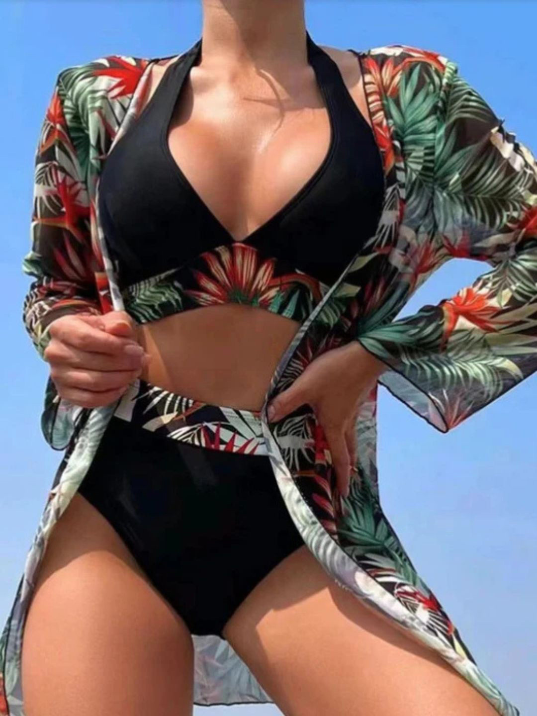 

ANGEL CROSHET Swim Tropical Print Halter 3 Piece Bikini Swimsuit With Kimono, Black