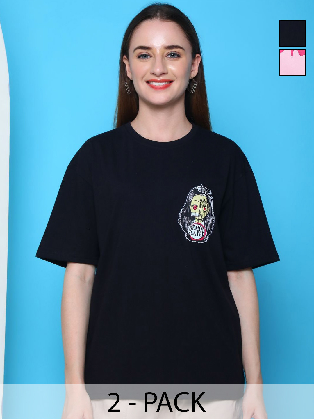 

Dreambe Women Pack Of 2 Graphic Printed Round Neck Cotton Oversized T-shirts, Black
