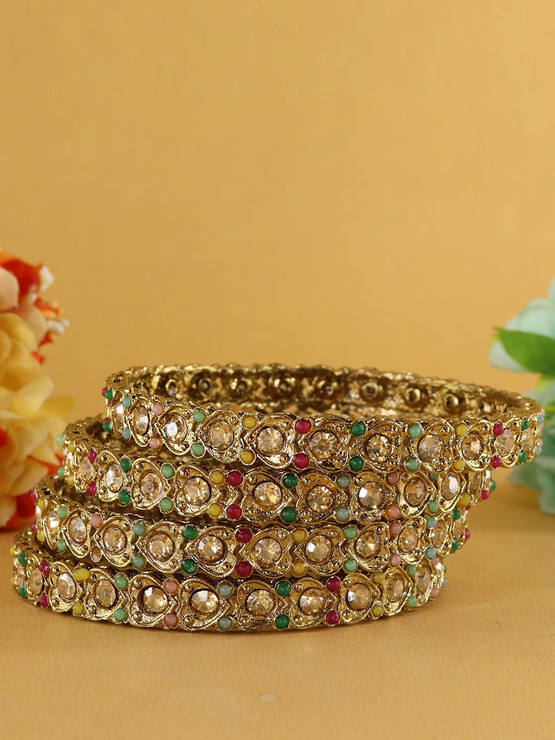 

NMII Set Of 4 Cubic Zirconia Studded Heart Design Antique Bangles, Gold
