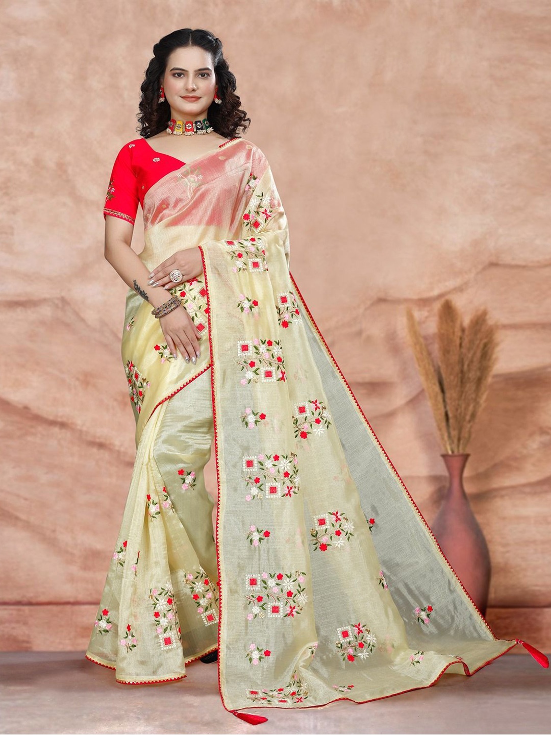 

DHRUTI CREATION Floral Embroidered Organza Heavy Work Saree, Yellow