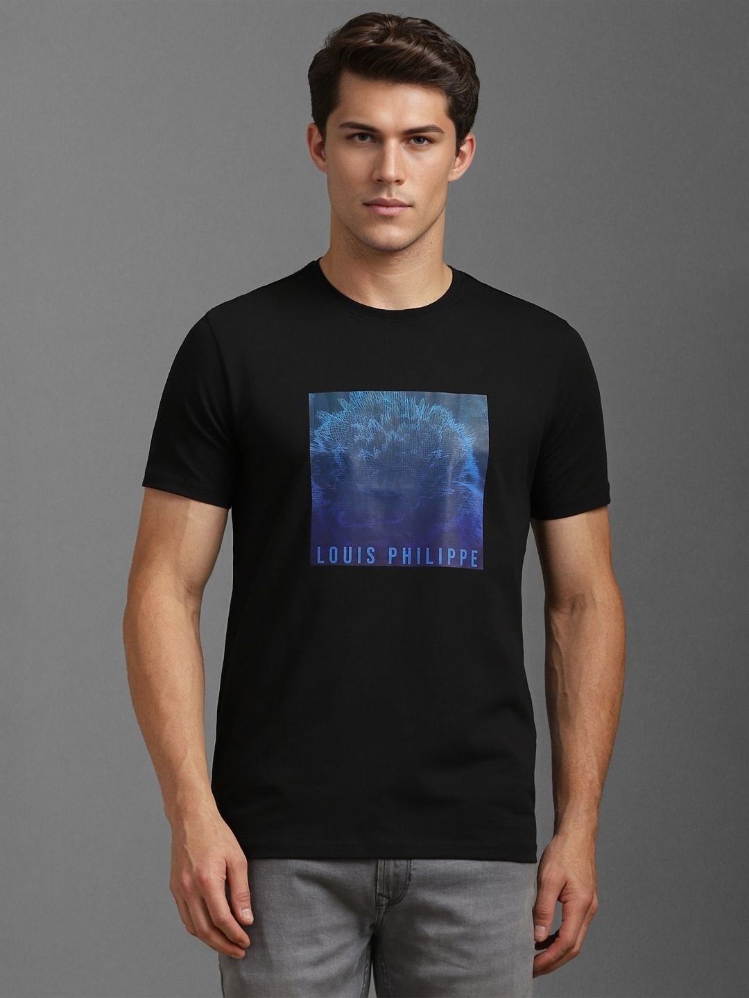 

Louis Philippe Men Graphic Printed Round Neck Cotton Slim Fit T-shirt, Black