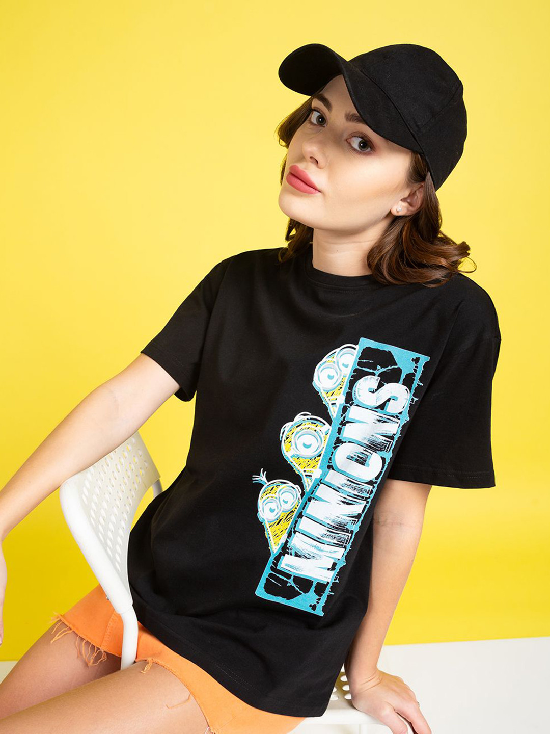

Minions by Kook N Keech Women Minions Graphic Printed Round Neck Cotton Oversized T-shirt, Black