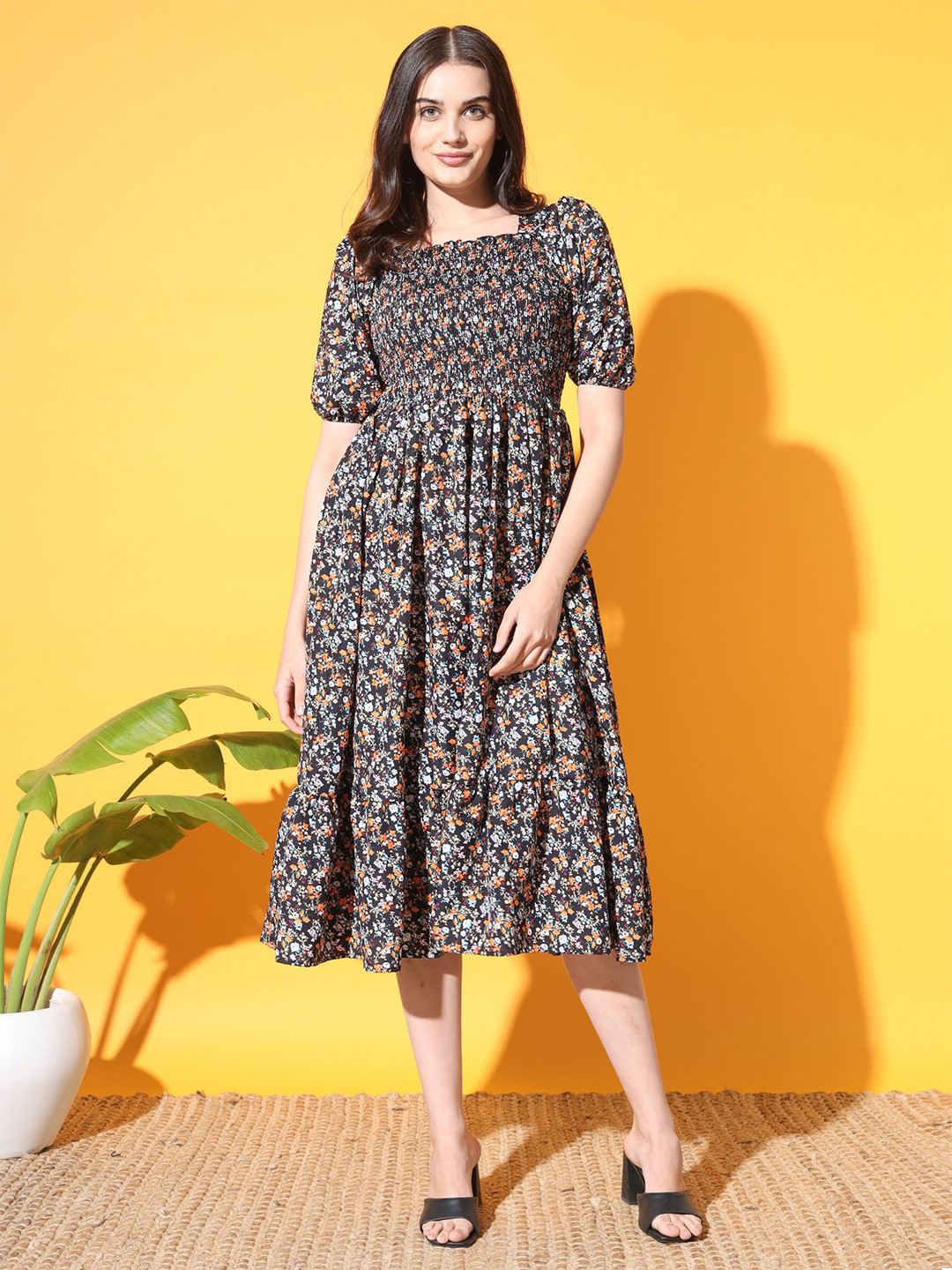 

ZWERLON Floral Print Puff Sleeve Smocked Fit & Flare Midi Dress, Black