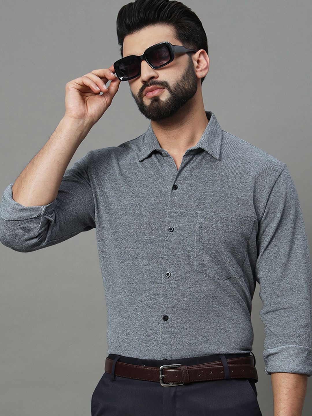 

RENUOVO Men Slim Fit Spread Collar Textured Cotton Formal Shirt, Grey melange