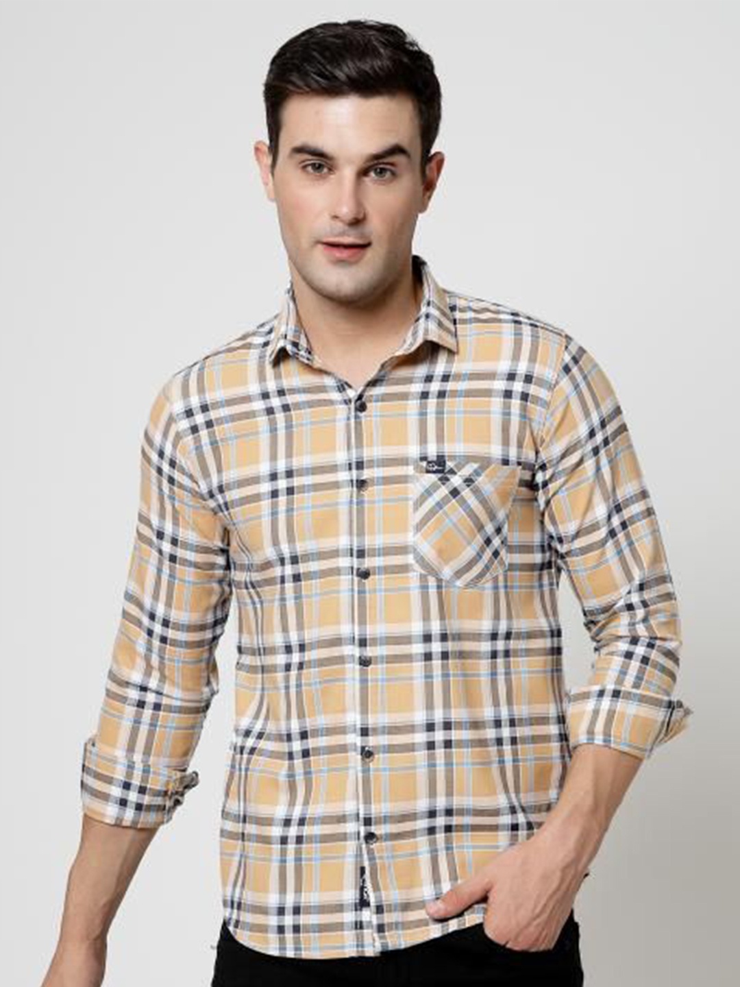 

allan peter Men Classic Fit Spread Collar Tartan Checked Cotton Casual Shirt, Mustard