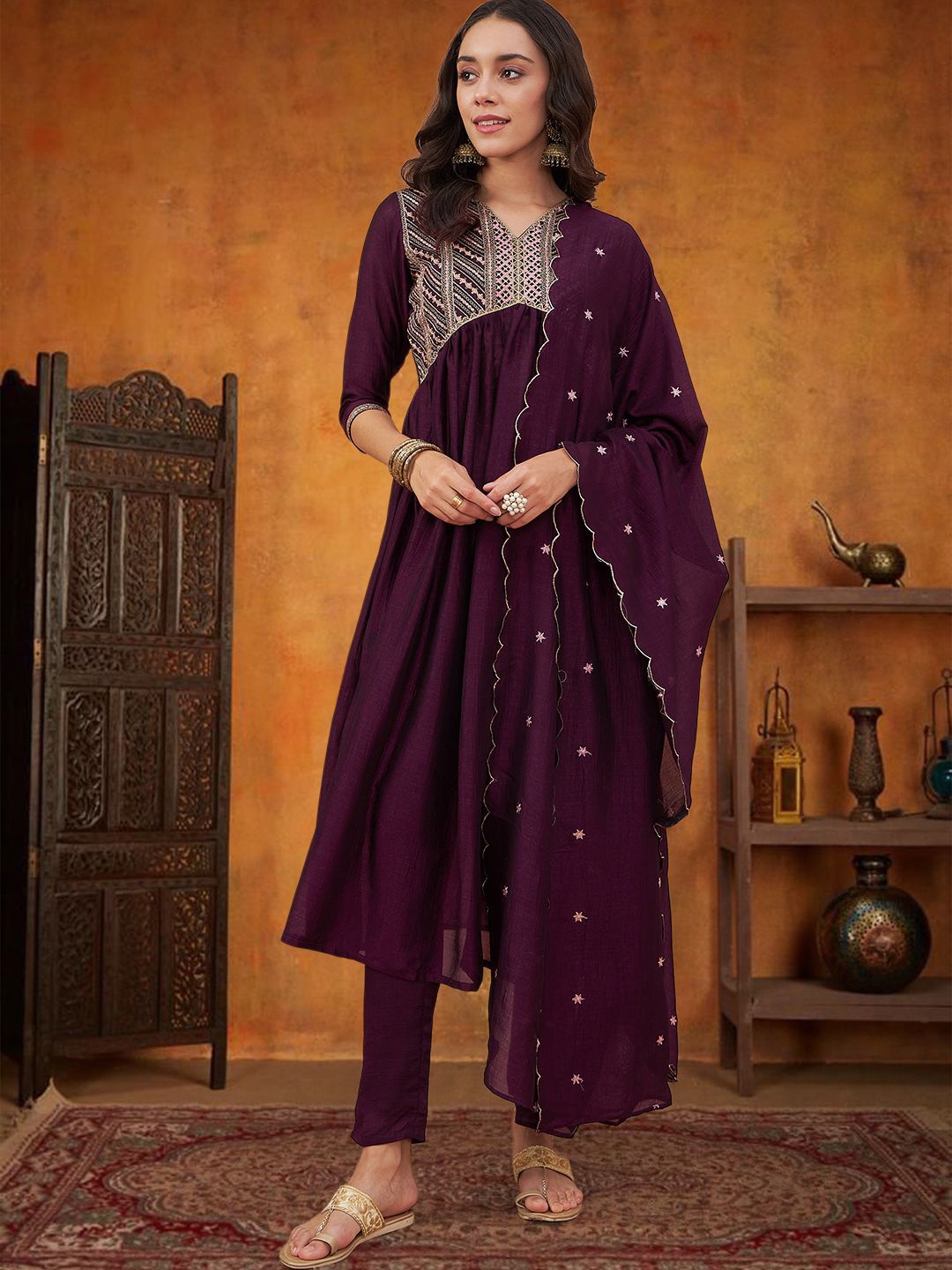 

SheWill Floral Embroidered V-Neck Sequinned Empire Anarkali Kurta With Trouser & Dupatta, Purple