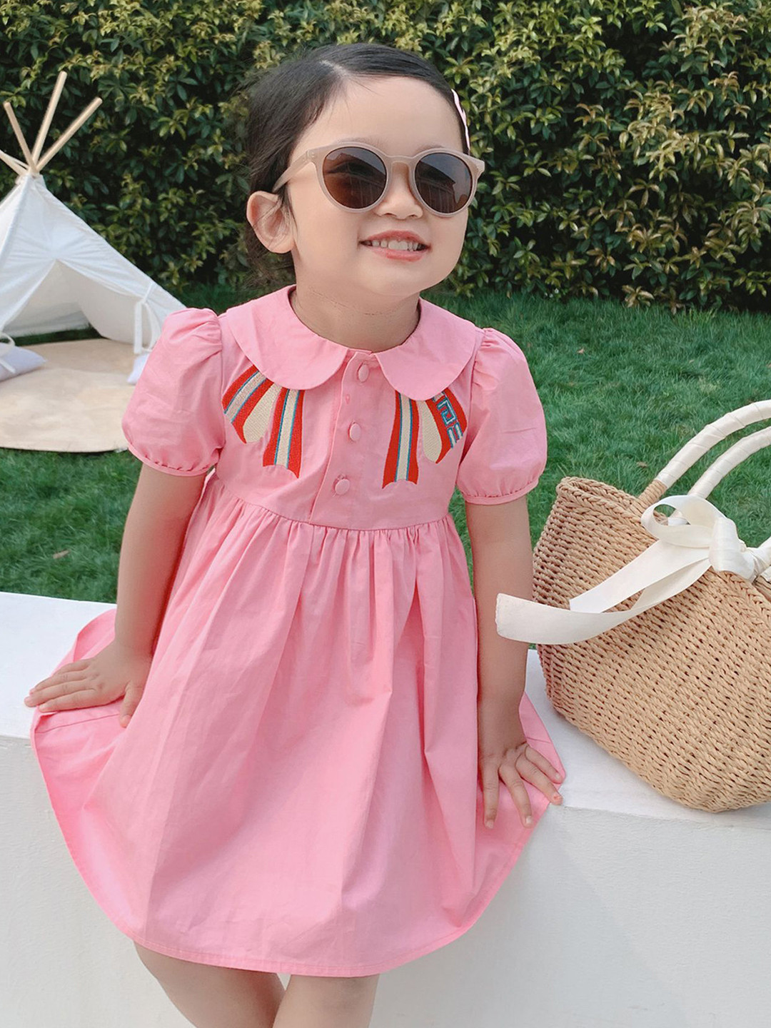 

LULU & SKY Girls Peter Pan Collar Puff Sleeve Cotton Empire Dress, Pink