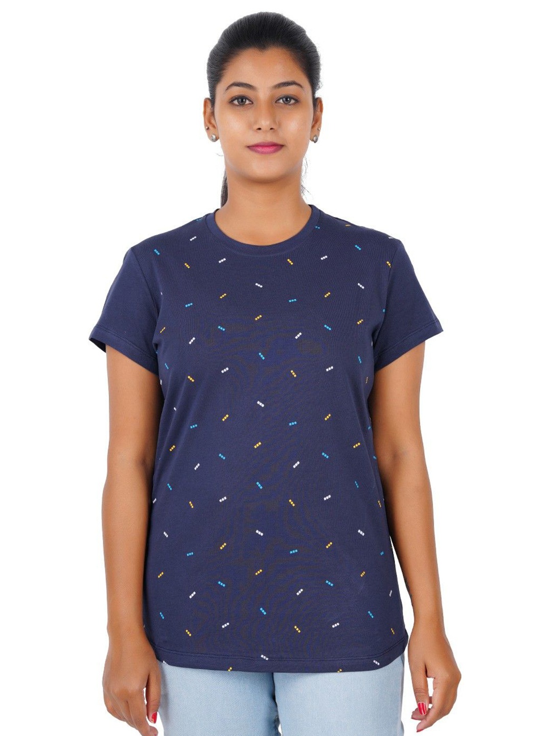 

GUIDE Women Geometric Printed Round Neck Cotton T-shirt, Blue