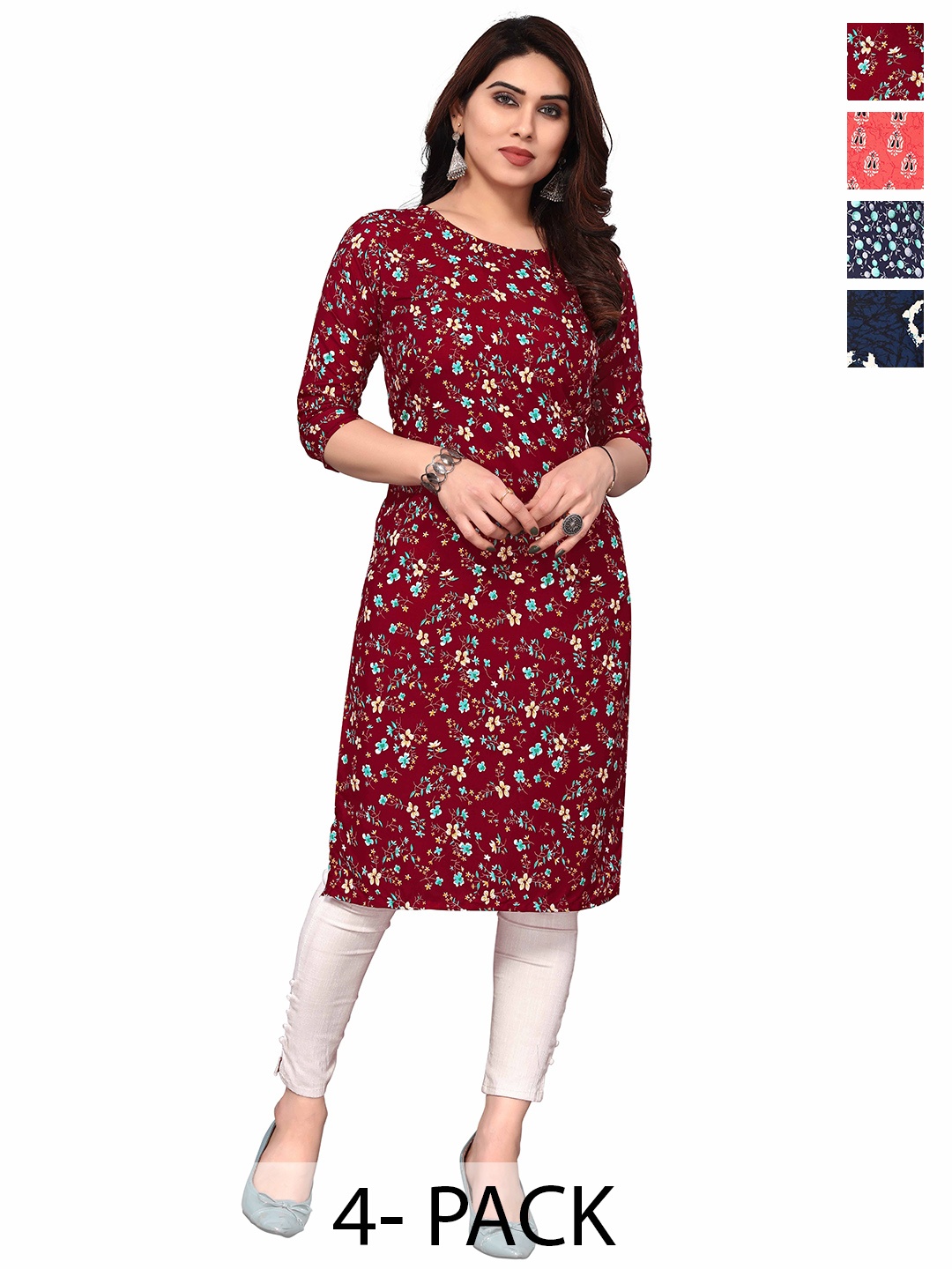

KETAKI FASHION Selection Of 4 Floral Printed Round Neck Straight Kurtas, Red