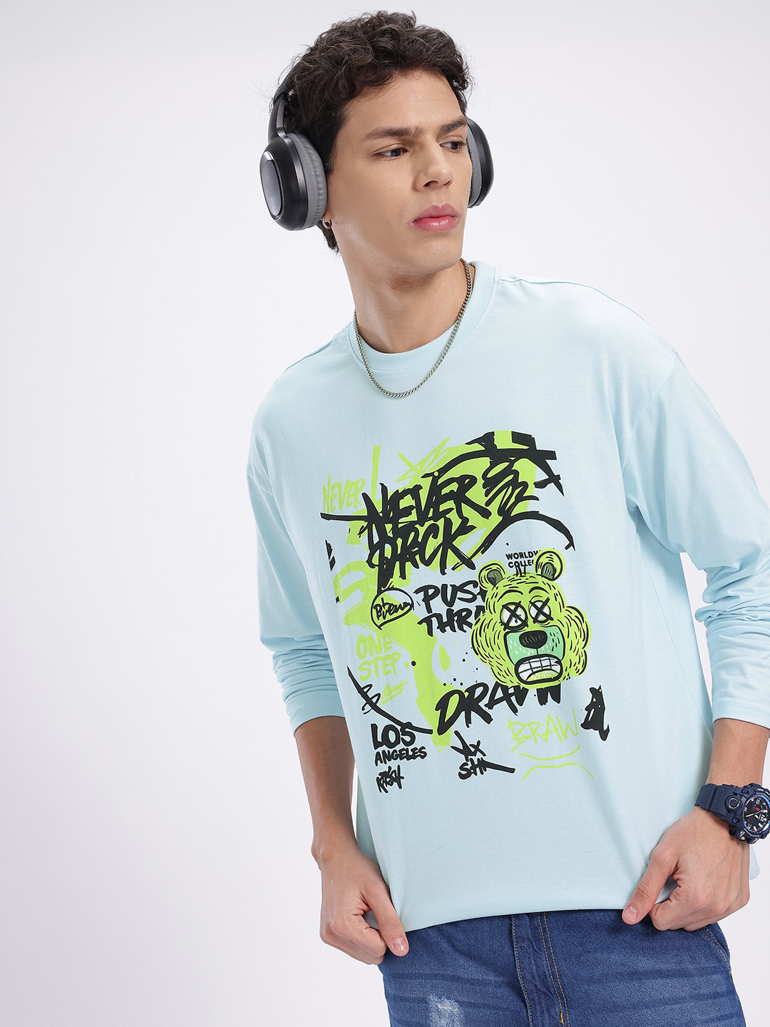 

glitchez Hype Type Printed Oversized T-shirt, Blue