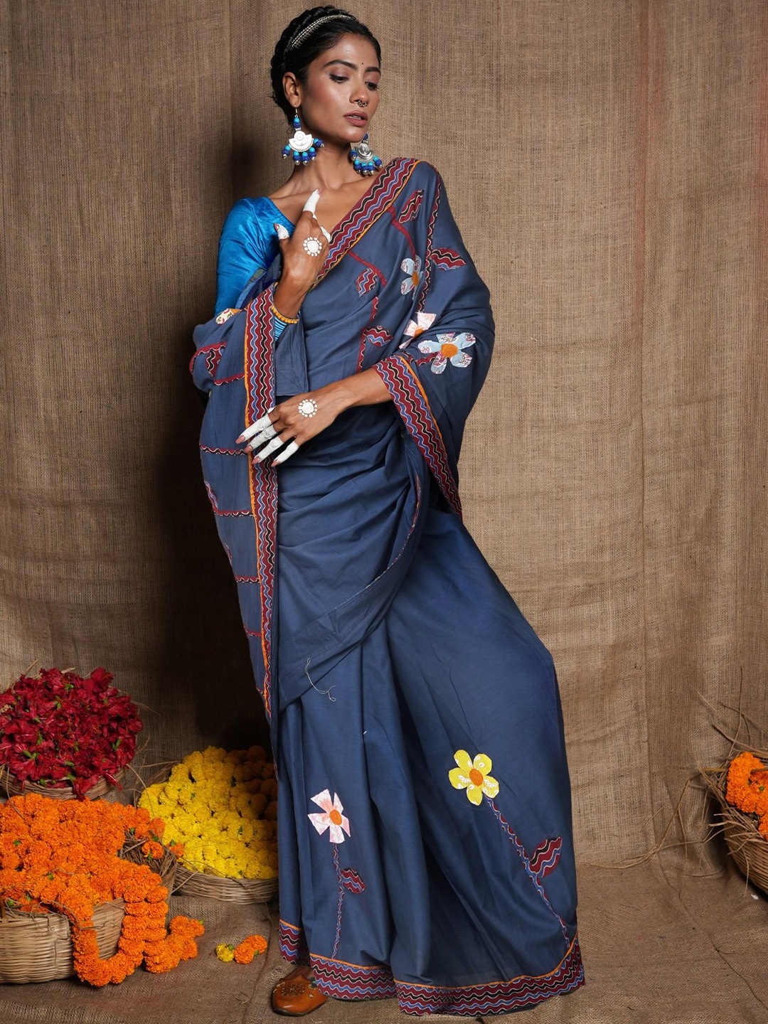 

Unnati Silks Floral Pure Cotton Handloom Saree, Blue