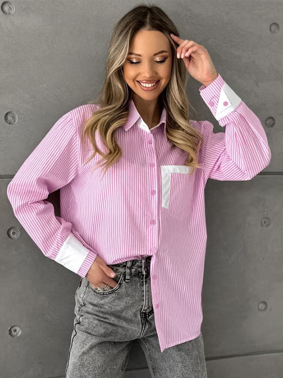 

MIAKEE Shirt Style Striped Top, Pink