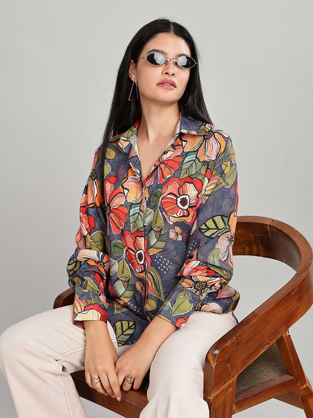 

HERE&NOW Women Relaxed Fit Spread Collar Floral Printed Casual Shirt, Grey