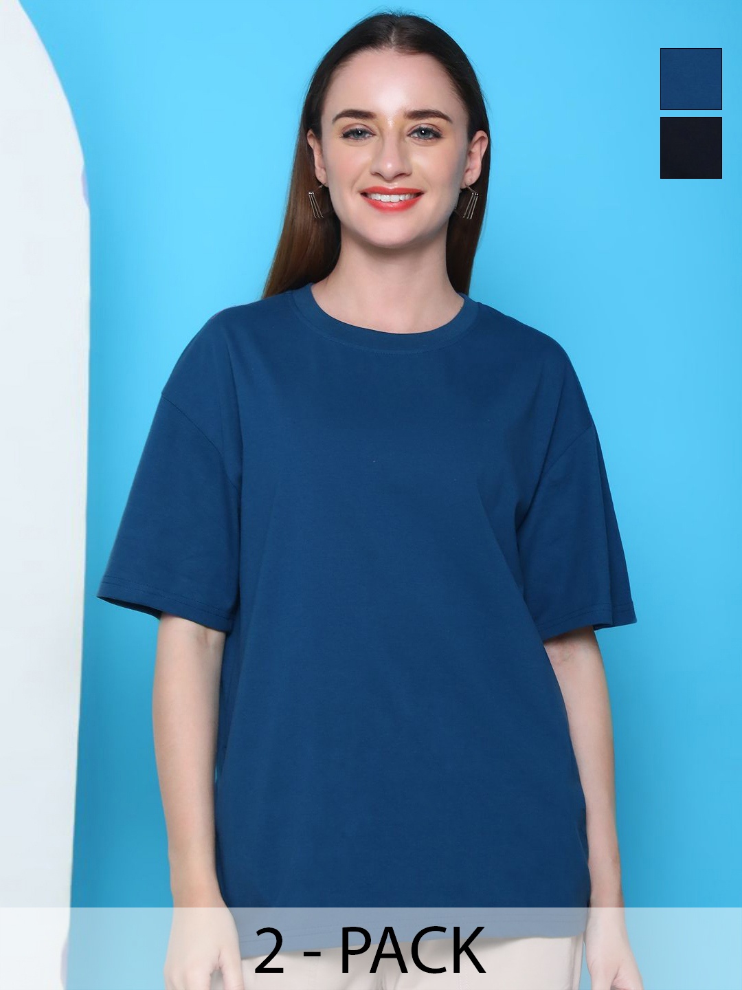 

Dreambe Women Pack Of 2 Typography Printed Round Neck Cotton Oversized T-shirts, Teal