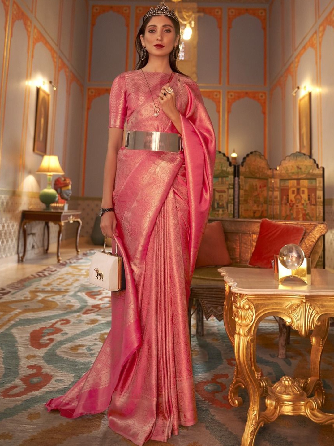 

Anouk Woven Design Zari Silk Blend Banarasi Saree, Pink