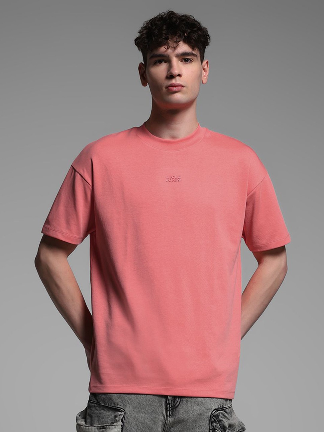 

Jack & Jones Men Solid Round Neck Cotton Oversized T-shirt, Pink