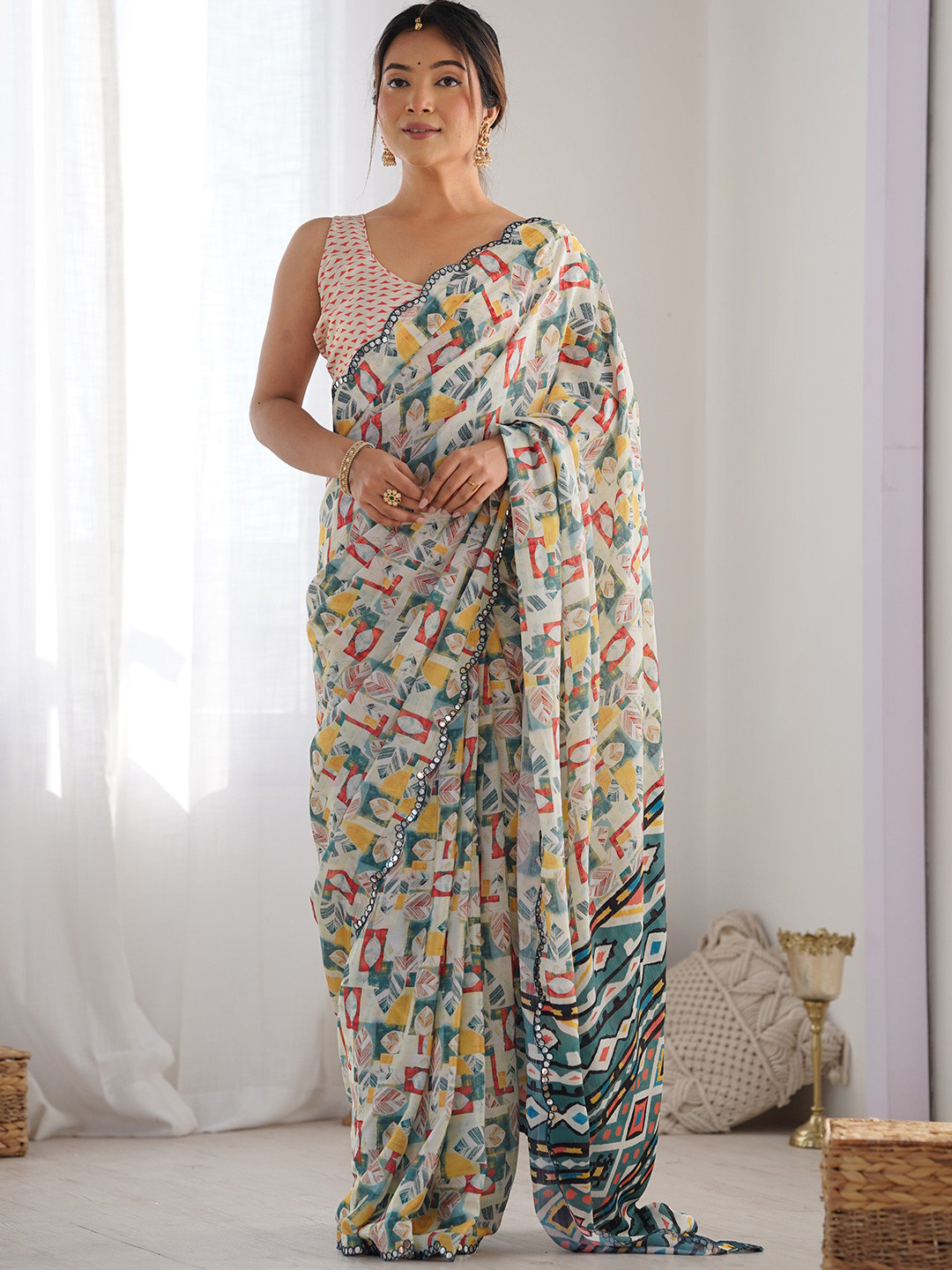 

VARNI FABRICS Women Printed Mirror Work Saree, Off white