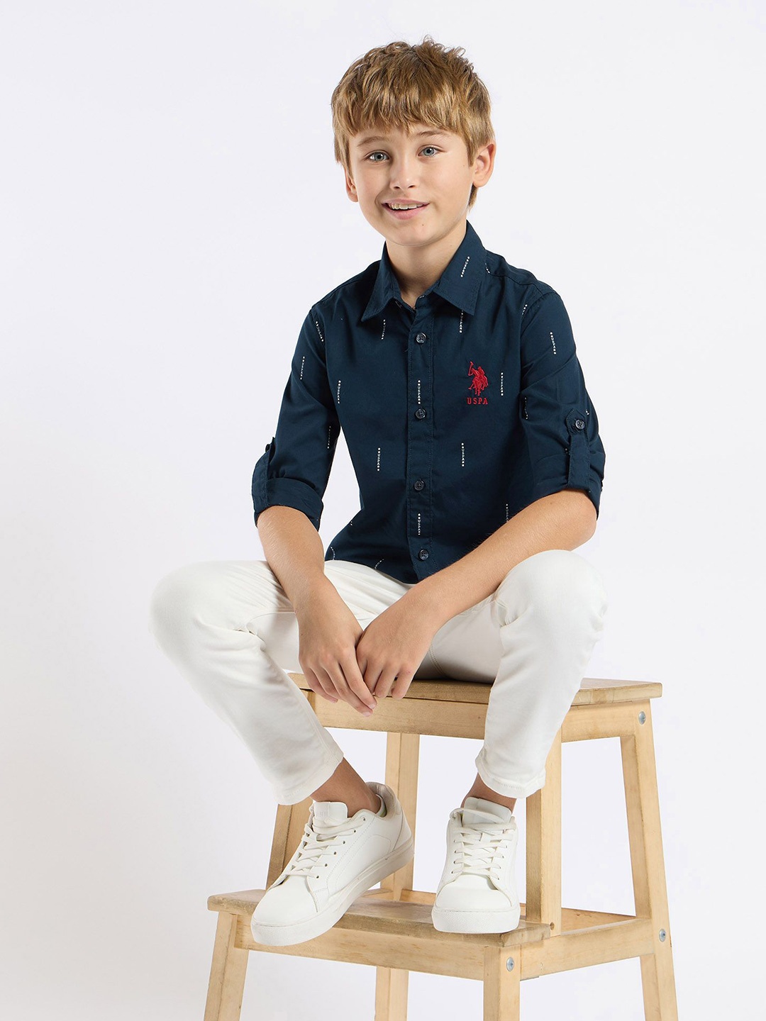 

U.S. Polo Assn. Kids Boys Classic Fit Spread Collar Typography Printed Cotton Casual Shirt, Navy blue