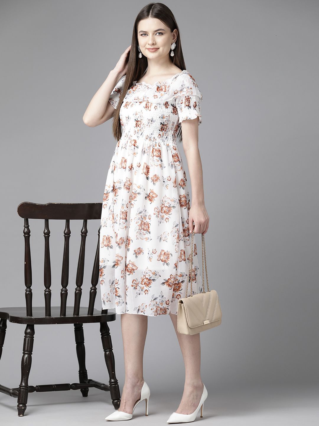 

CORSICA Women Floral Print Flutter Sleeve Georgette Fit & Flare Midi Dress, White