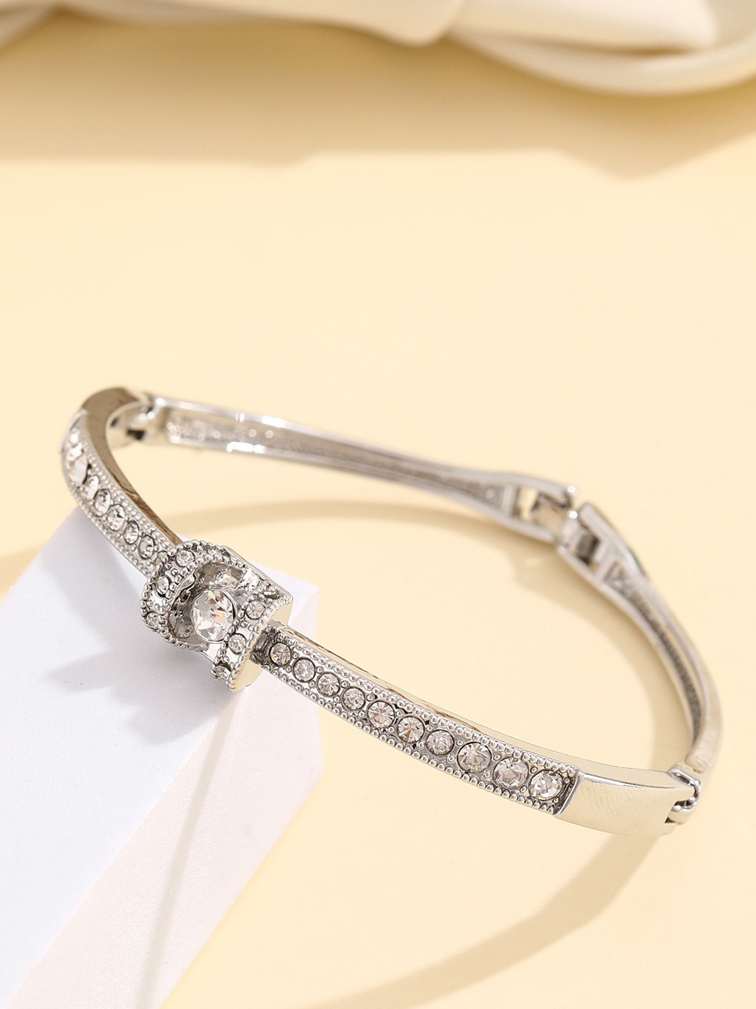 

Shining Diva Fashion Silver-Plated Crystals And Stones Studded Bangle-Style Bracelet
