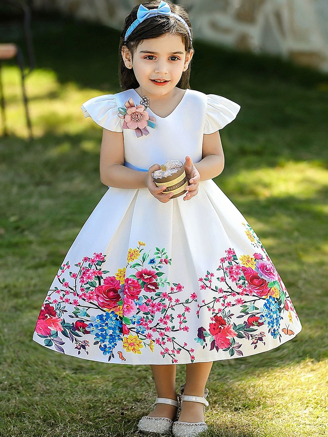 

LULU & SKY Girls Floral Print Accordion Pleats Fit & Flare Corsage Dress, White